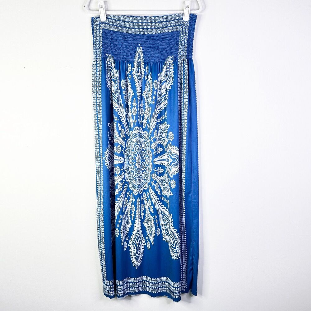 Unbranded Dress Women L Blue Smocked Shift Strapless Maxi Boho Bohemian Festival
